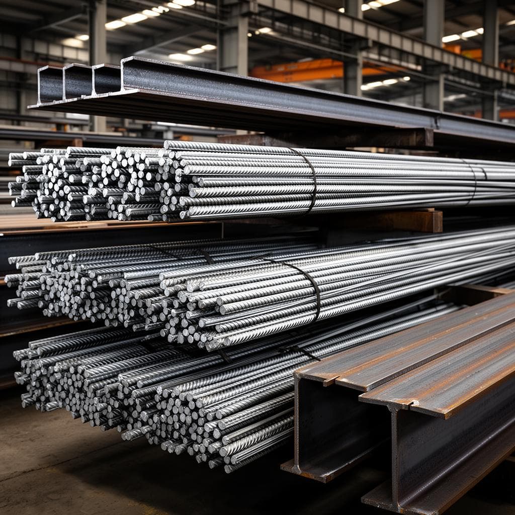 Steel TMT bars and structural beams in warehouse
