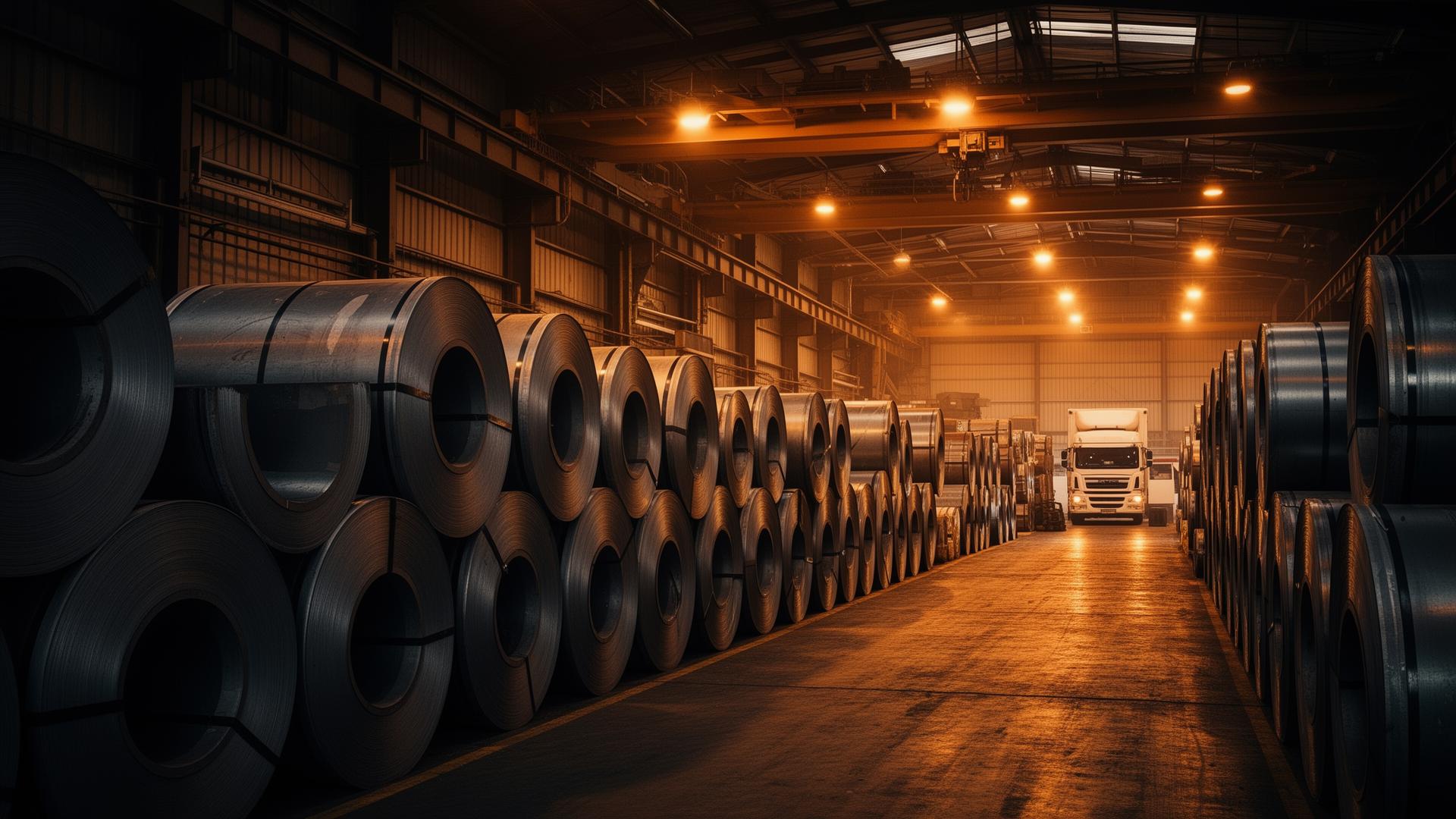 Industrial steel warehouse with metal coils